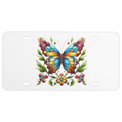Colorful stained glass butterfly with flowers license plate