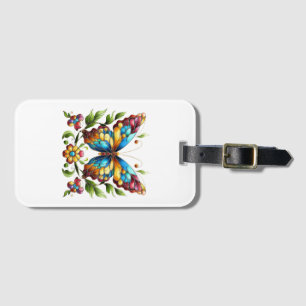 Colorful stained glass butterfly with flowers luggage tag