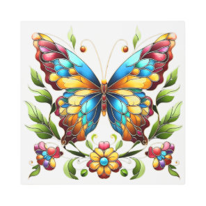 Colorful stained glass butterfly with flowers metal print