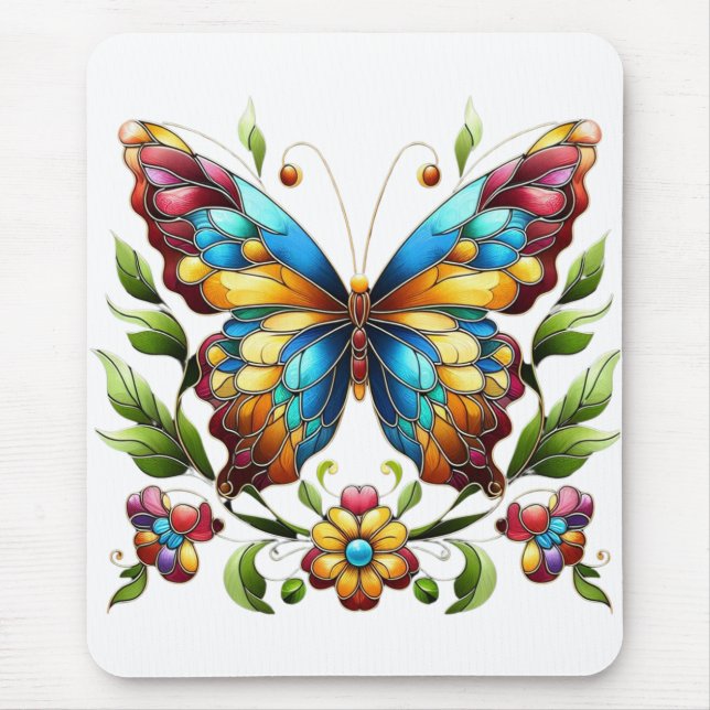 Colorful stained glass butterfly with flowers mouse pad (Front)