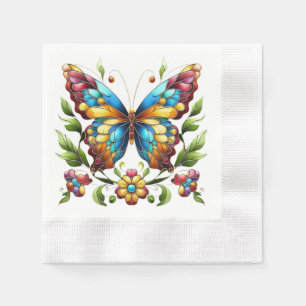Colorful stained glass butterfly with flowers napkins