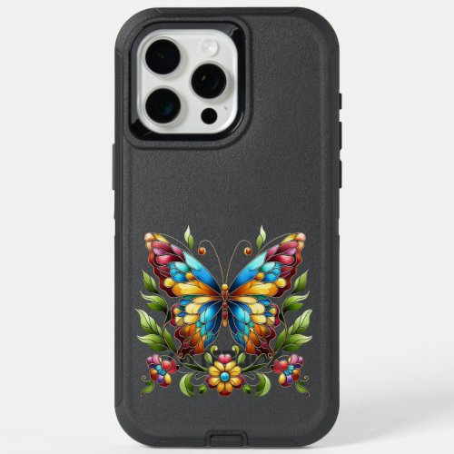 Colorful stained glass butterfly with flowers iPhone 15 pro max case