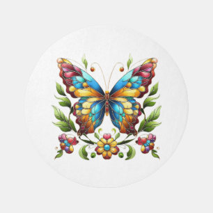 Colorful stained glass butterfly with flowers outdoor rug