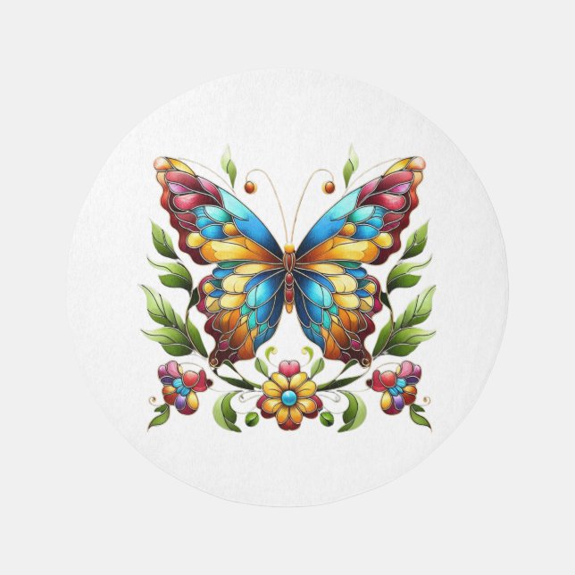 Colorful stained glass butterfly with flowers outdoor rug (Front)