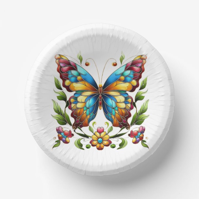 Colorful stained glass butterfly with flowers paper bowls (Front)