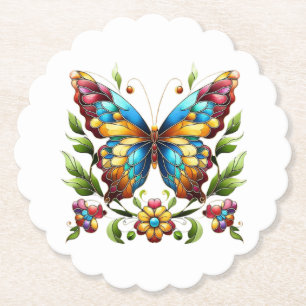 Colorful stained glass butterfly with flowers paper coaster