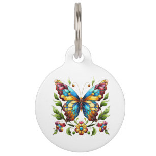 Colorful stained glass butterfly with flowers pet ID tag
