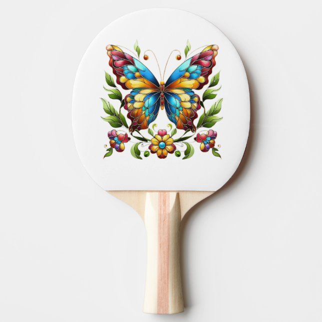 Colorful stained glass butterfly with flowers ping pong paddle (Front)