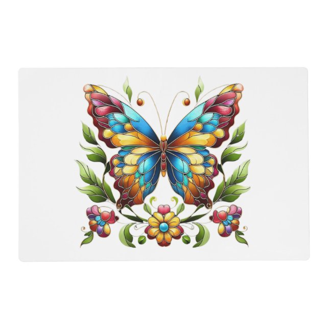 Colorful stained glass butterfly with flowers placemat (Front)