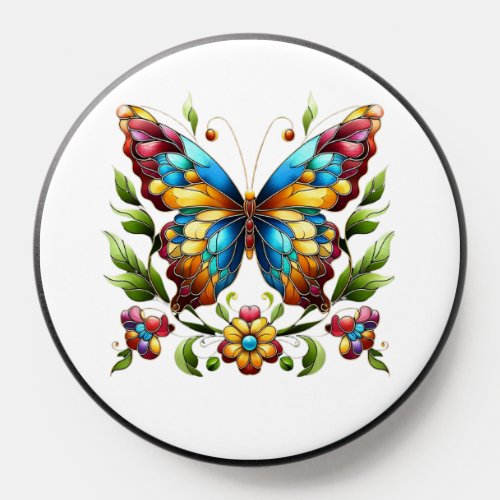Colorful stained glass butterfly with flowers PopSocket