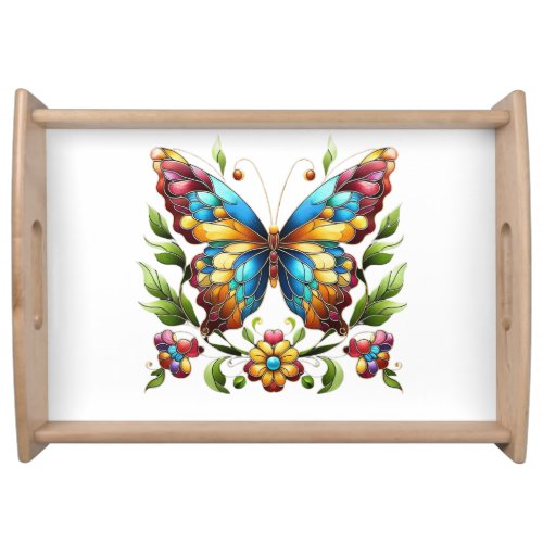 Colorful stained glass butterfly with flowers serving tray