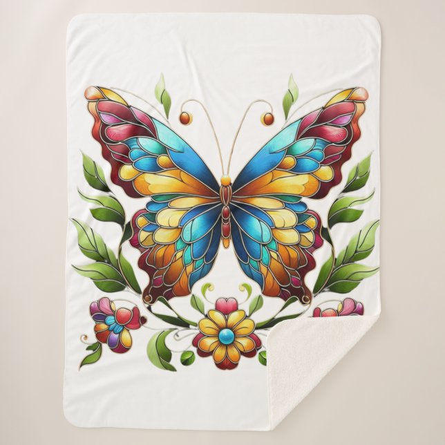 Colorful stained glass butterfly with flowers sherpa blanket (Front)