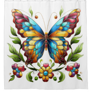 Colorful stained glass butterfly with flowers shower curtain