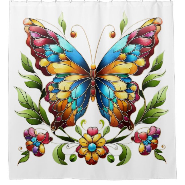 Colorful stained glass butterfly with flowers shower curtain (Front)