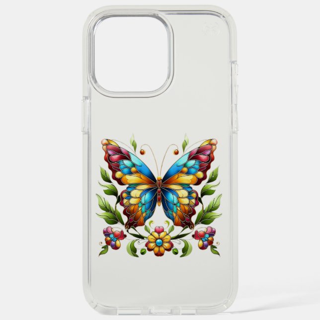 Colorful stained glass butterfly with flowers speck iPhone case (Front)