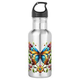 Colorful stained glass butterfly with flowers stainless steel water bottle