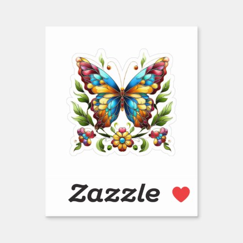 Colorful stained glass butterfly with flowers sticker