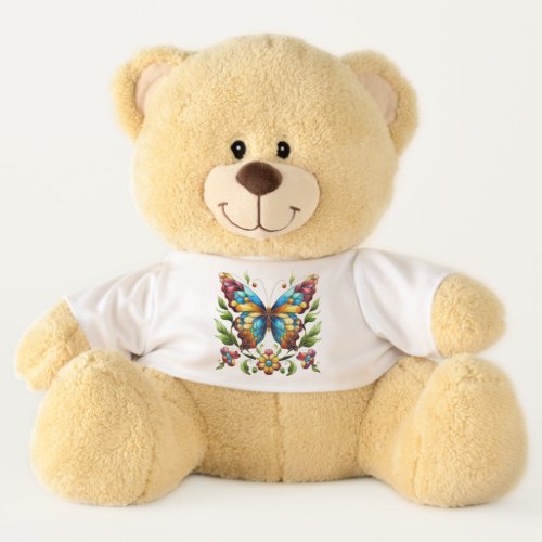 Colorful stained glass butterfly with flowers teddy bear