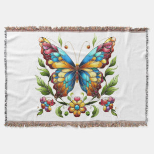 Colorful stained glass butterfly with flowers throw blanket