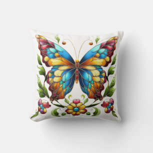 Colorful stained glass butterfly with flowers throw pillow