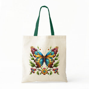 Colorful stained glass butterfly with flowers tote bag