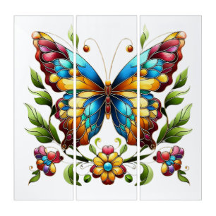 Colorful stained glass butterfly with flowers triptych