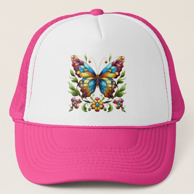 Colorful stained glass butterfly with flowers trucker hat (Front)