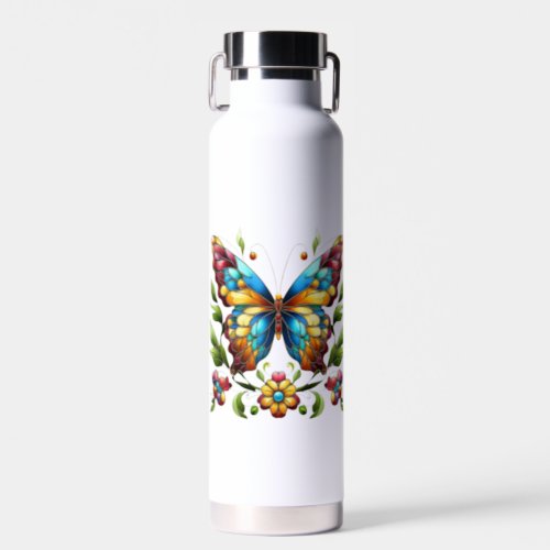 Colorful stained glass butterfly with flowers water bottle