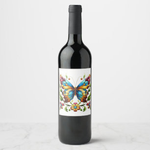 Colorful stained glass butterfly with flowers wine label