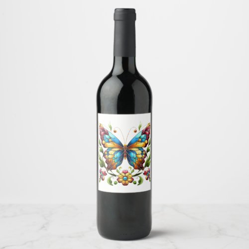 Colorful stained glass butterfly with flowers wine label