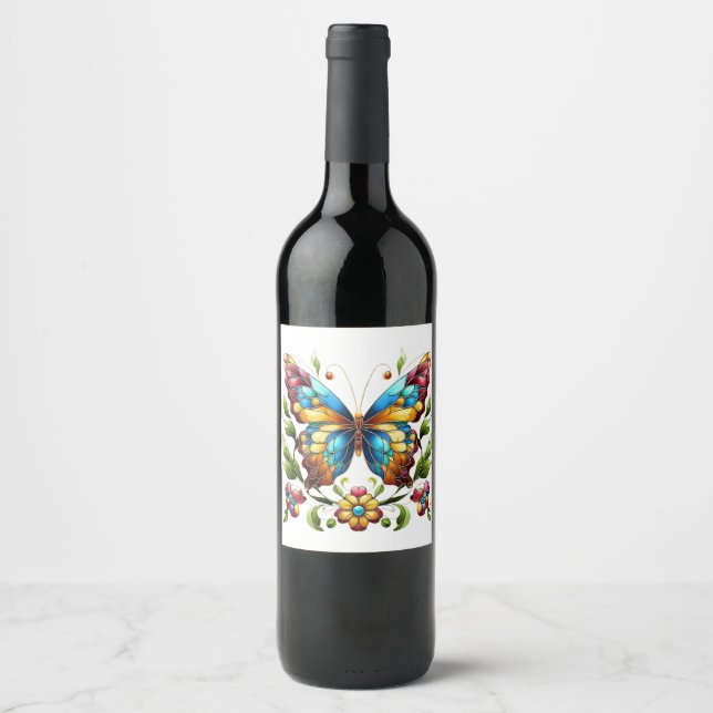 Colorful stained glass butterfly with flowers wine label (Front)