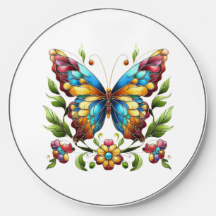 Colorful stained glass butterfly with flowers wireless charger