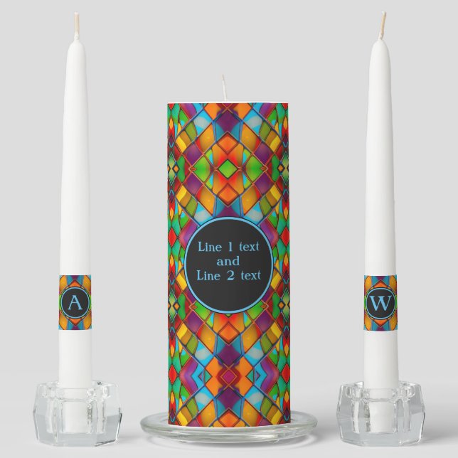 Colorful Stained Glass Celebration - custom text Unity Candle Set (Front)