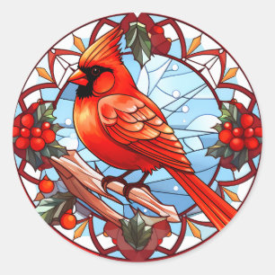 Colorful Stained Glass Christmas Northern Cardinal Classic Round Sticker