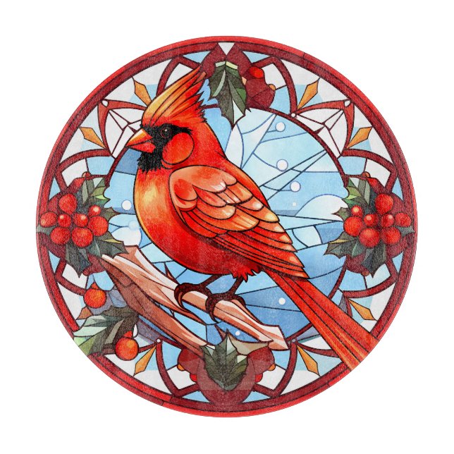 Colorful Stained Glass Christmas Northern Cardinal Cutting Board (Front)