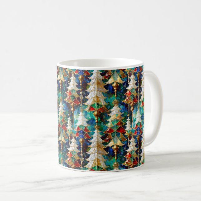 Colorful Stained Glass Christmas Trees Coffee Mug (Front Right)
