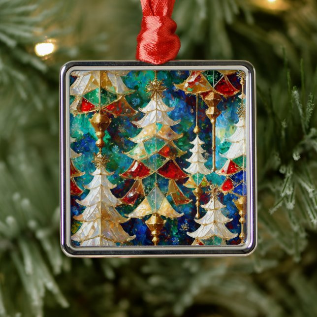 Colorful Stained Glass Christmas Trees Metal Ornament (Tree)