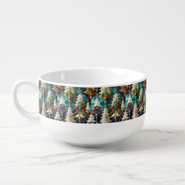 Colorful Stained Glass Christmas Trees Soup Mug (Right)