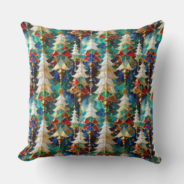 Colorful Stained Glass Christmas Trees Throw Pillow (Front)