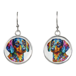 Colorful Stained Glass Dachshund  Earrings