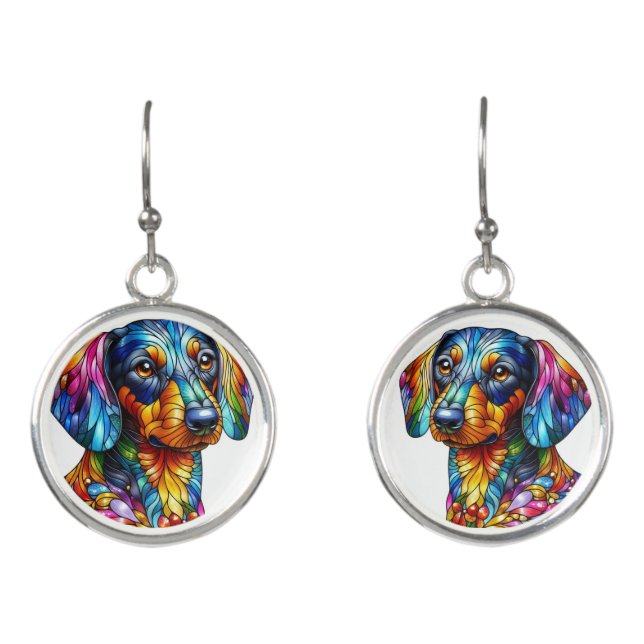 Colorful Stained Glass Dachshund  Earrings (Front)