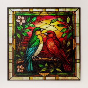 Colorful Stained Glass Depicting Two Birds Jigsaw Puzzle