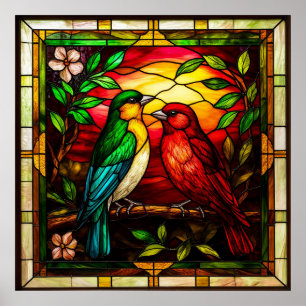 Colorful Stained Glass Depicting Two Birds Poster