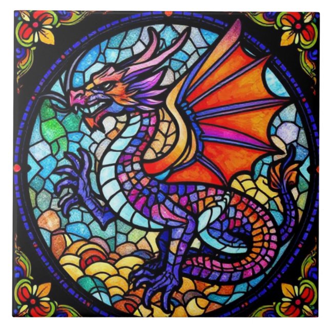 Colorful Stained Glass Dragon Mosaic Ceramic Tile (Front)