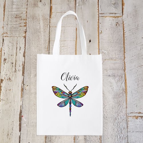 Colorful Stained Glass Dragonfly Wings Grocery Bag