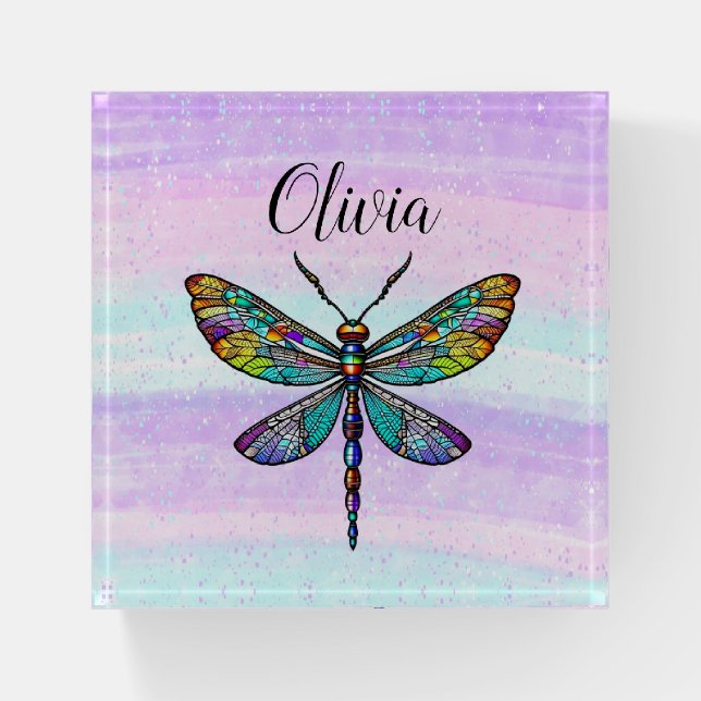 Colorful Stained Glass Dragonfly Wings Paperweight (Front)