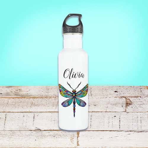 Colorful Stained Glass Dragonfly Wings Stainless Steel Water Bottle