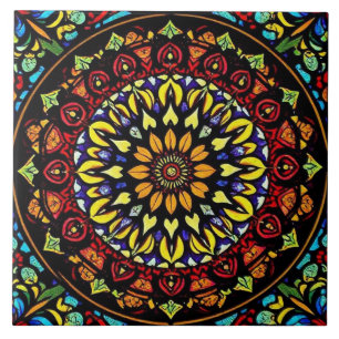Colorful Stained Glass Floral Mandala Artwork Ceramic Tile