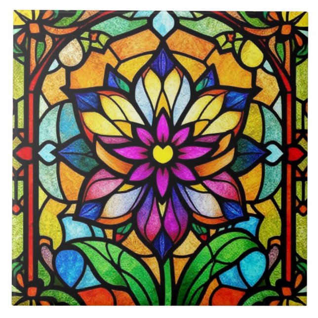 Colorful Stained Glass Flower Natured Inspired Ceramic Tile (Front)