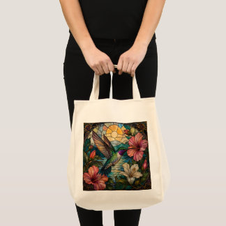 Colorful Stained Glass Hummingbird Floral Tote Bag